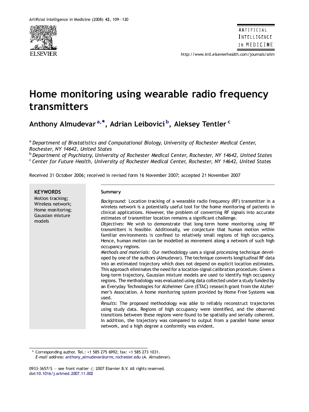 Home monitoring using wearable radio frequency transmitters