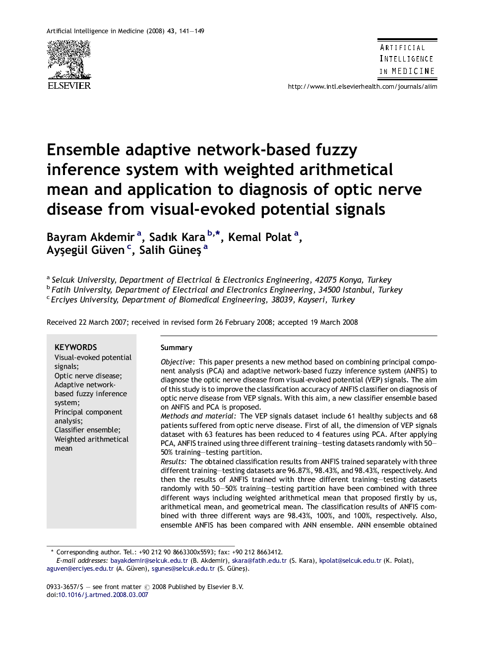 Ensemble adaptive network-based fuzzy inference system with weighted arithmetical mean and application to diagnosis of optic nerve disease from visual-evoked potential signals