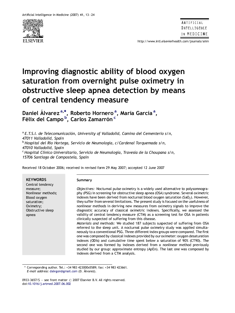 Improving diagnostic ability of blood oxygen saturation from overnight pulse oximetry in obstructive sleep apnea detection by means of central tendency measure