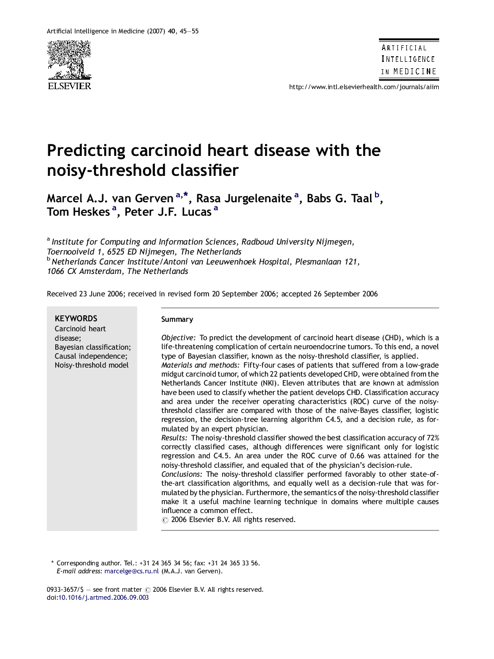 Predicting carcinoid heart disease with the noisy-threshold classifier