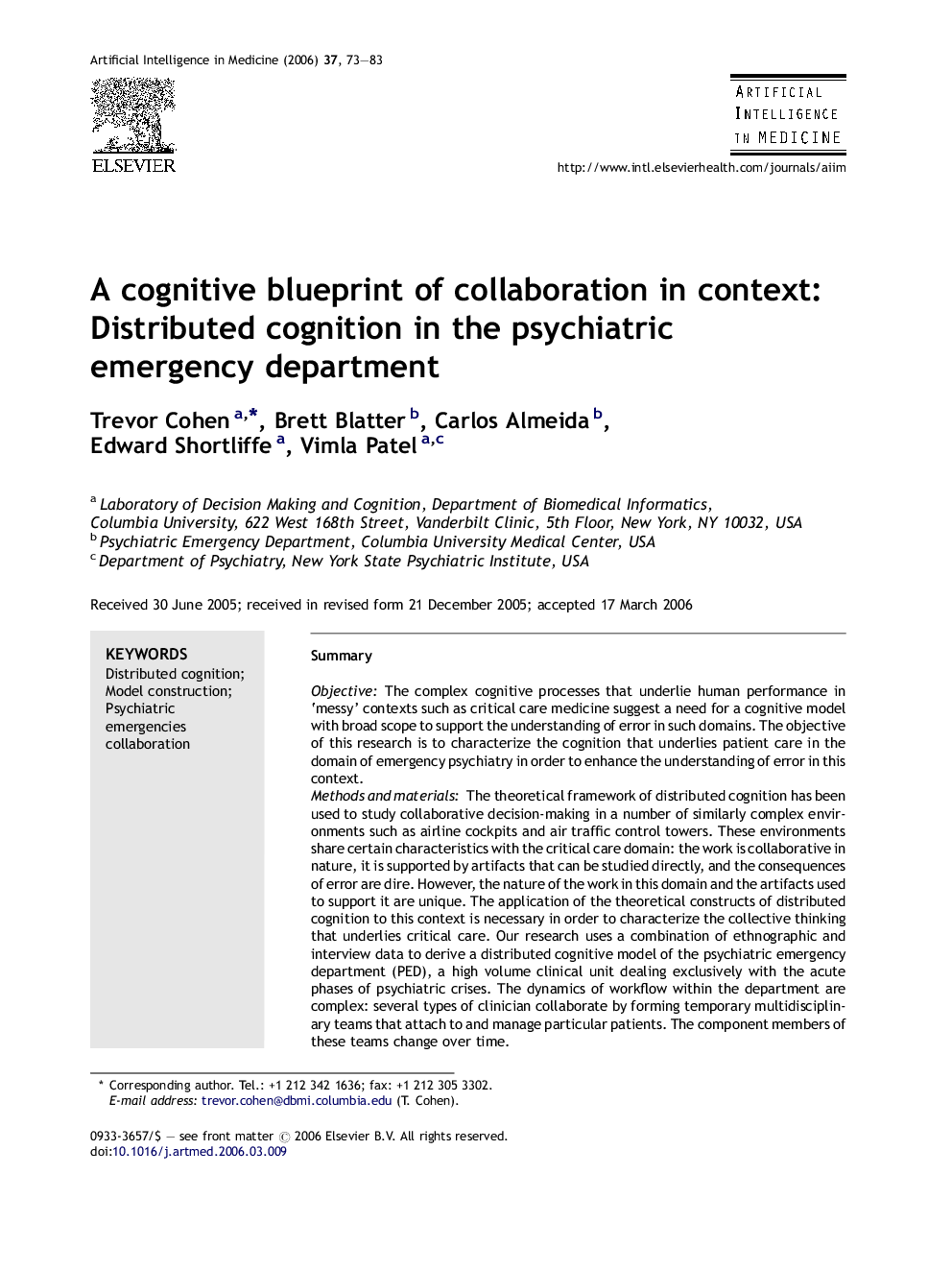 A cognitive blueprint of collaboration in context: Distributed cognition in the psychiatric emergency department