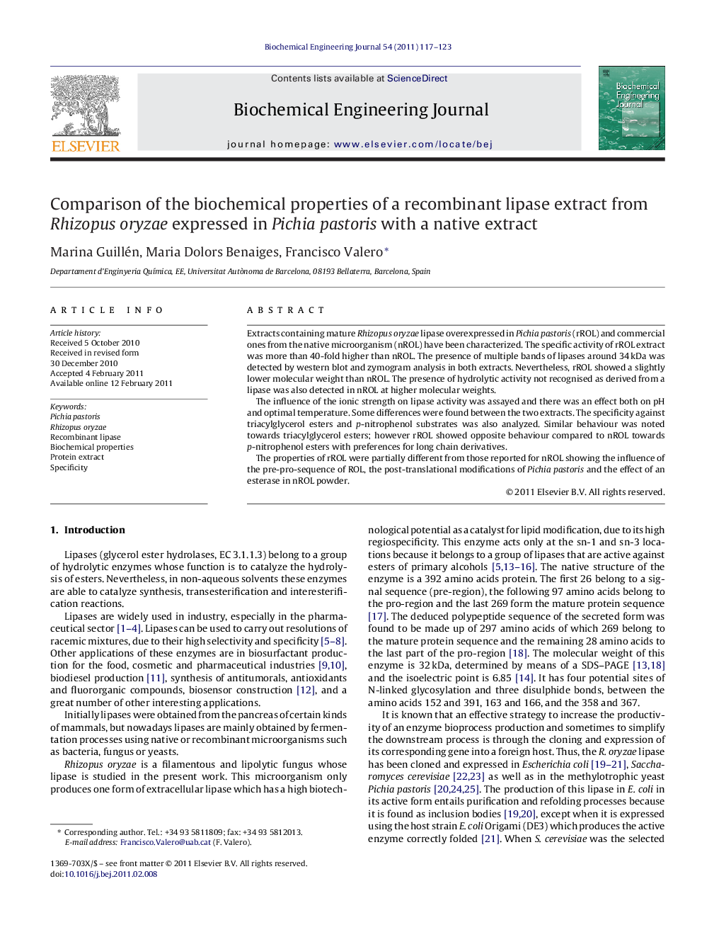 Comparison of the biochemical properties of a recombinant lipase extract from Rhizopus oryzae expressed in Pichia pastoris with a native extract