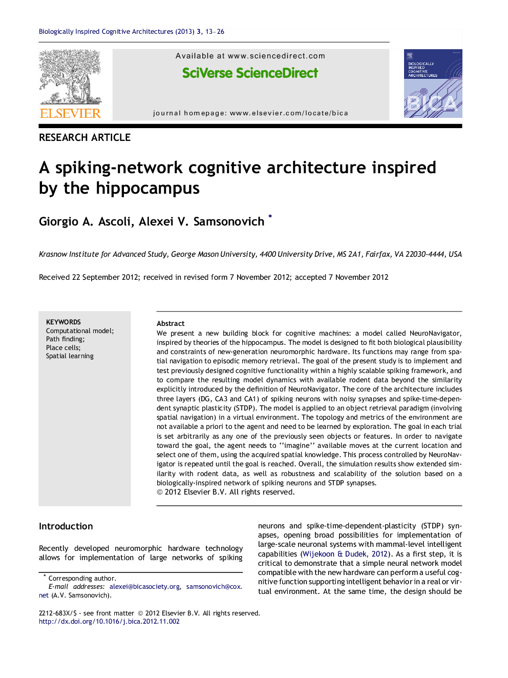 A spiking-network cognitive architecture inspired by the hippocampus