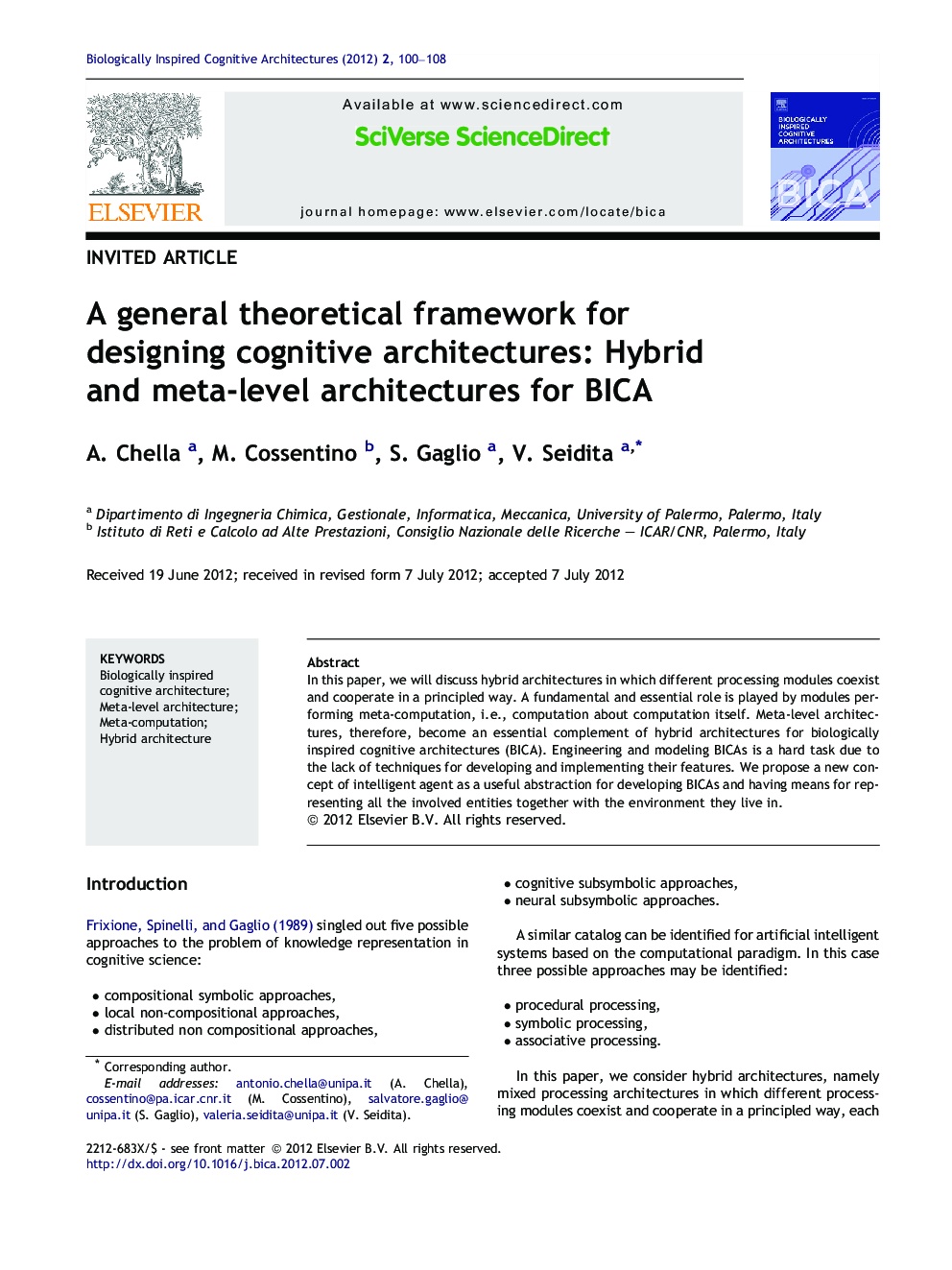 عکس صفحه اول مقاله: A general theoretical framework for designing cognitive architectures: Hybrid and meta-level architectures for BICA A general theoretical framework for designing cognitive architectures: Hybrid and meta-level architectures for BICA