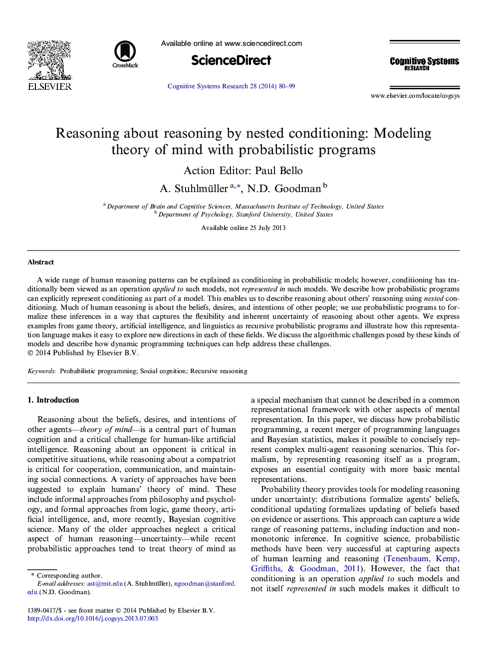 Reasoning about reasoning by nested conditioning: Modeling theory of mind with probabilistic programs