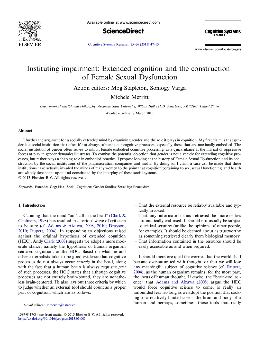 Instituting impairment: Extended cognition and the construction of Female Sexual Dysfunction