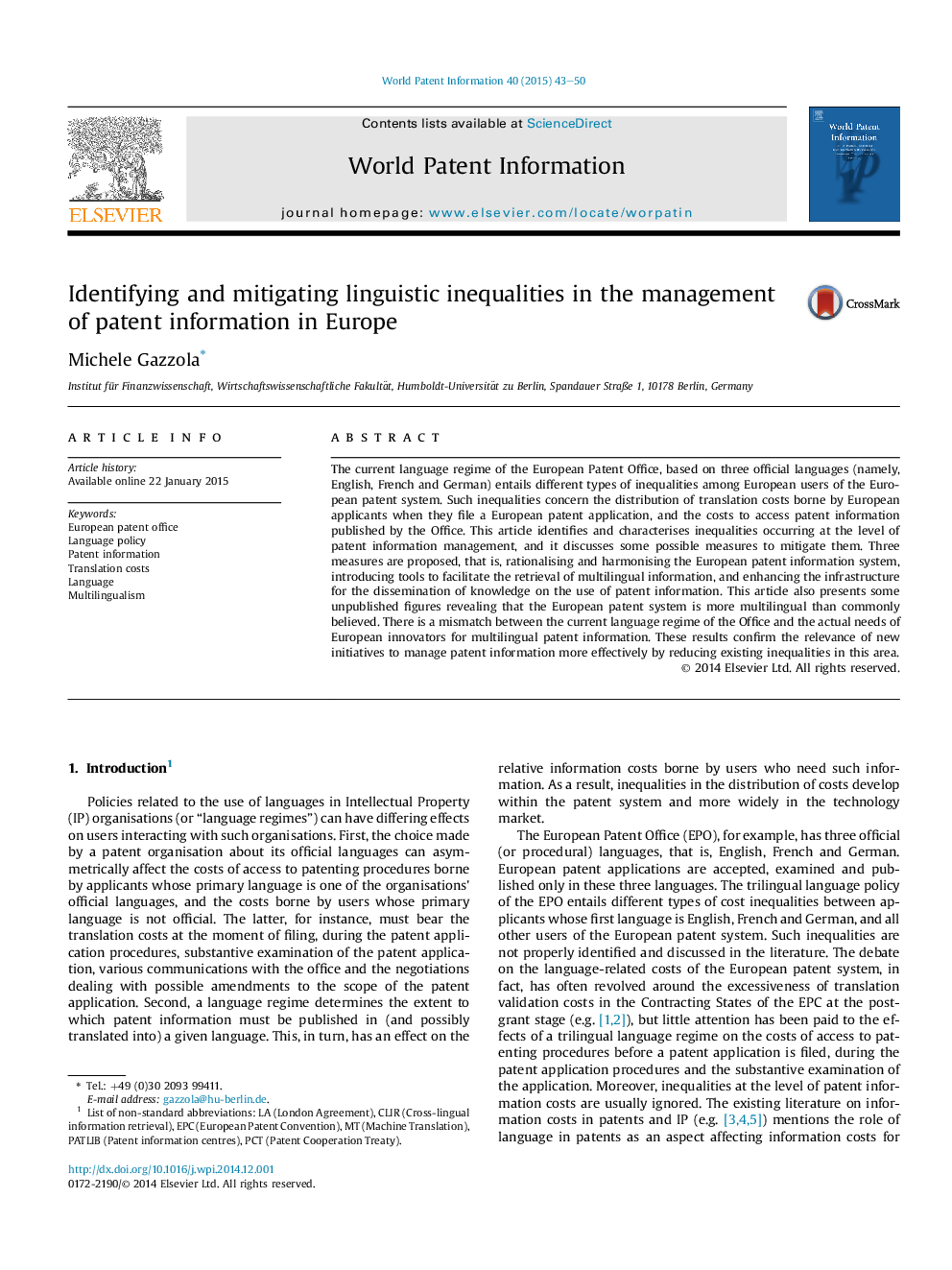 Identifying and mitigating linguistic inequalities in the management of patent information in Europe