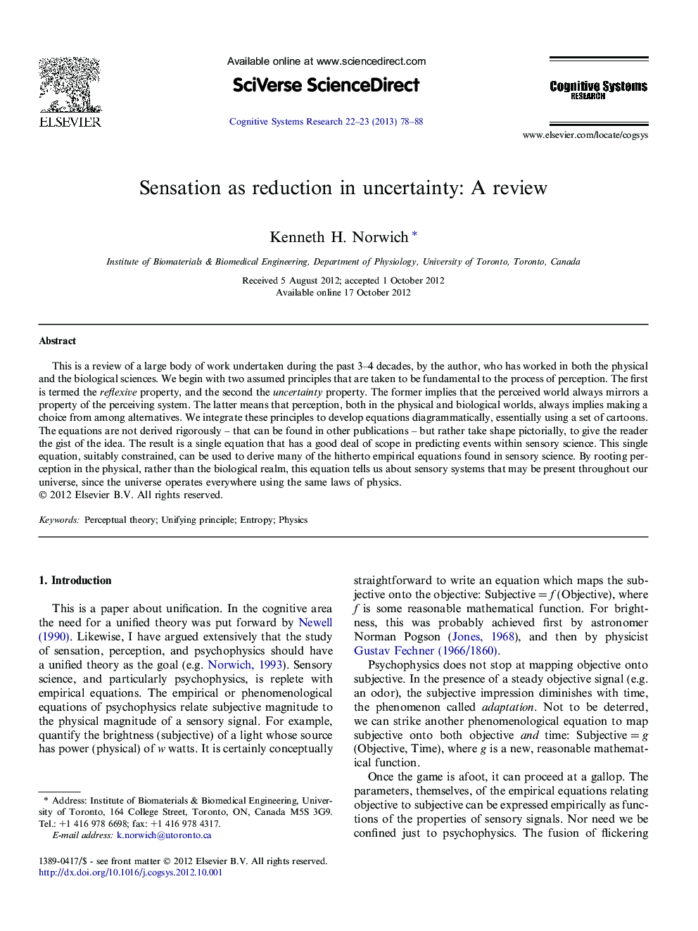 Sensation as reduction in uncertainty: A review