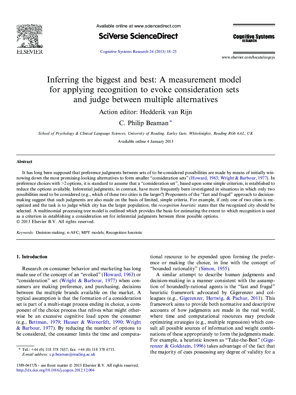 Inferring the biggest and best: A measurement model for applying recognition to evoke consideration sets and judge between multiple alternatives