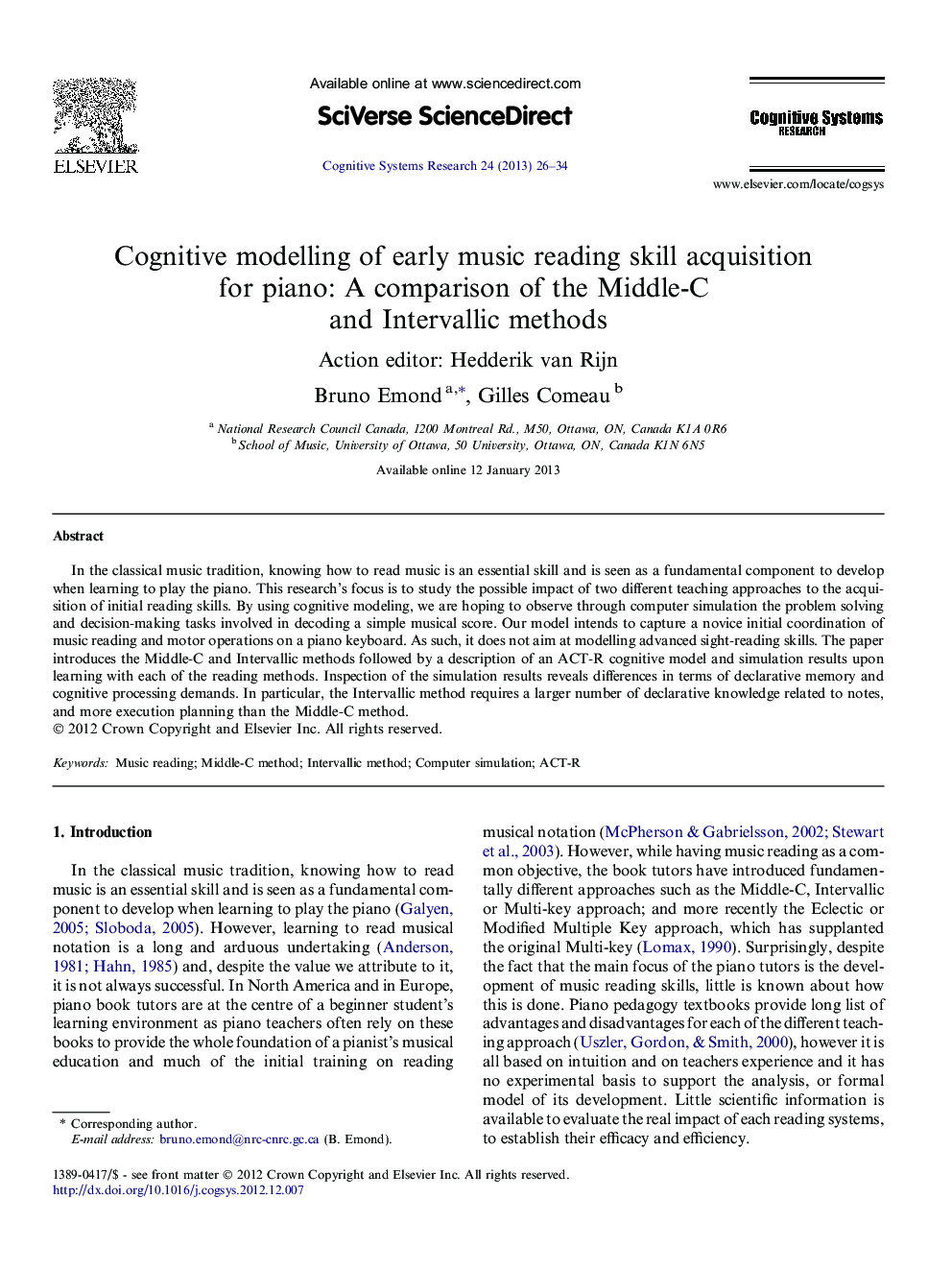 Cognitive modelling of early music reading skill acquisition for piano: A comparison of the Middle-C and Intervallic methods