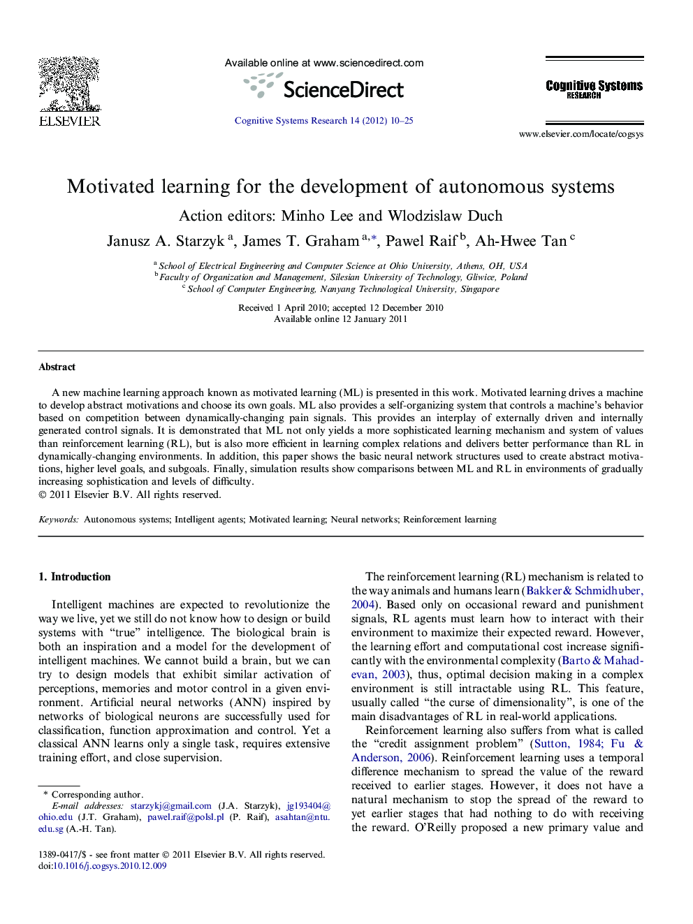 Motivated learning for the development of autonomous systems
