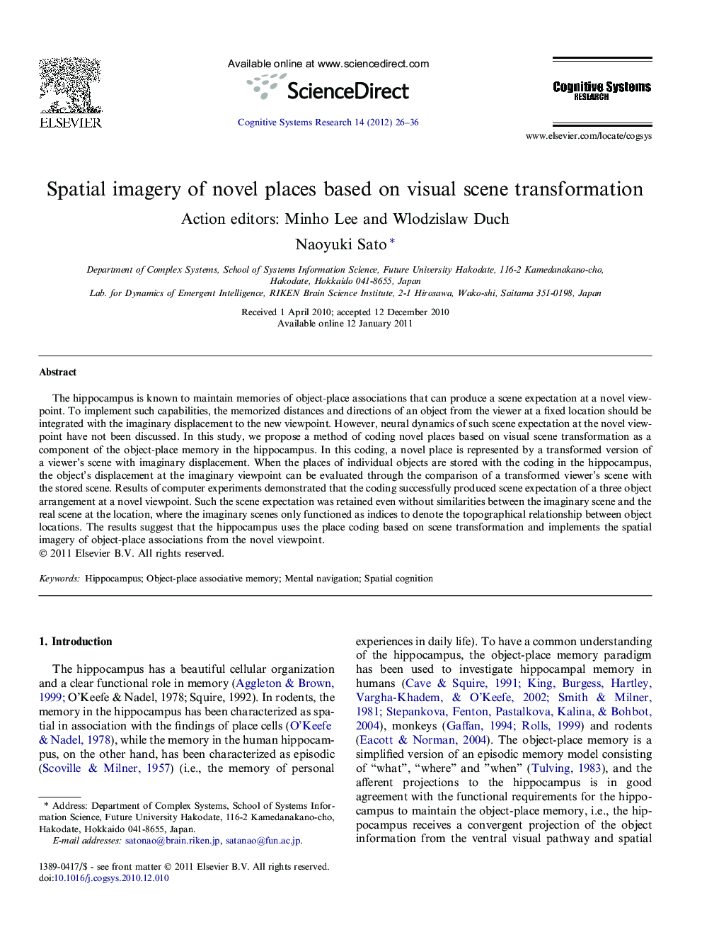 عکس صفحه اول مقاله: Spatial imagery of novel places based on visual scene transformation Spatial imagery of novel places based on visual scene transformation