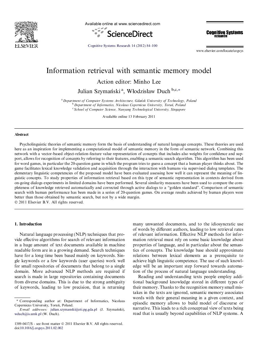 Information retrieval with semantic memory model