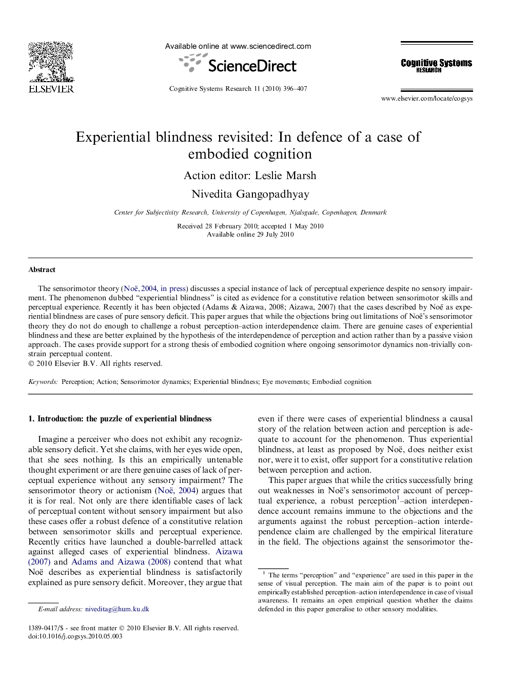 Experiential blindness revisited: In defence of a case of embodied cognition