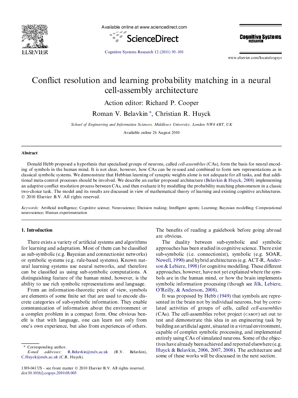 Conflict resolution and learning probability matching in a neural cell-assembly architecture