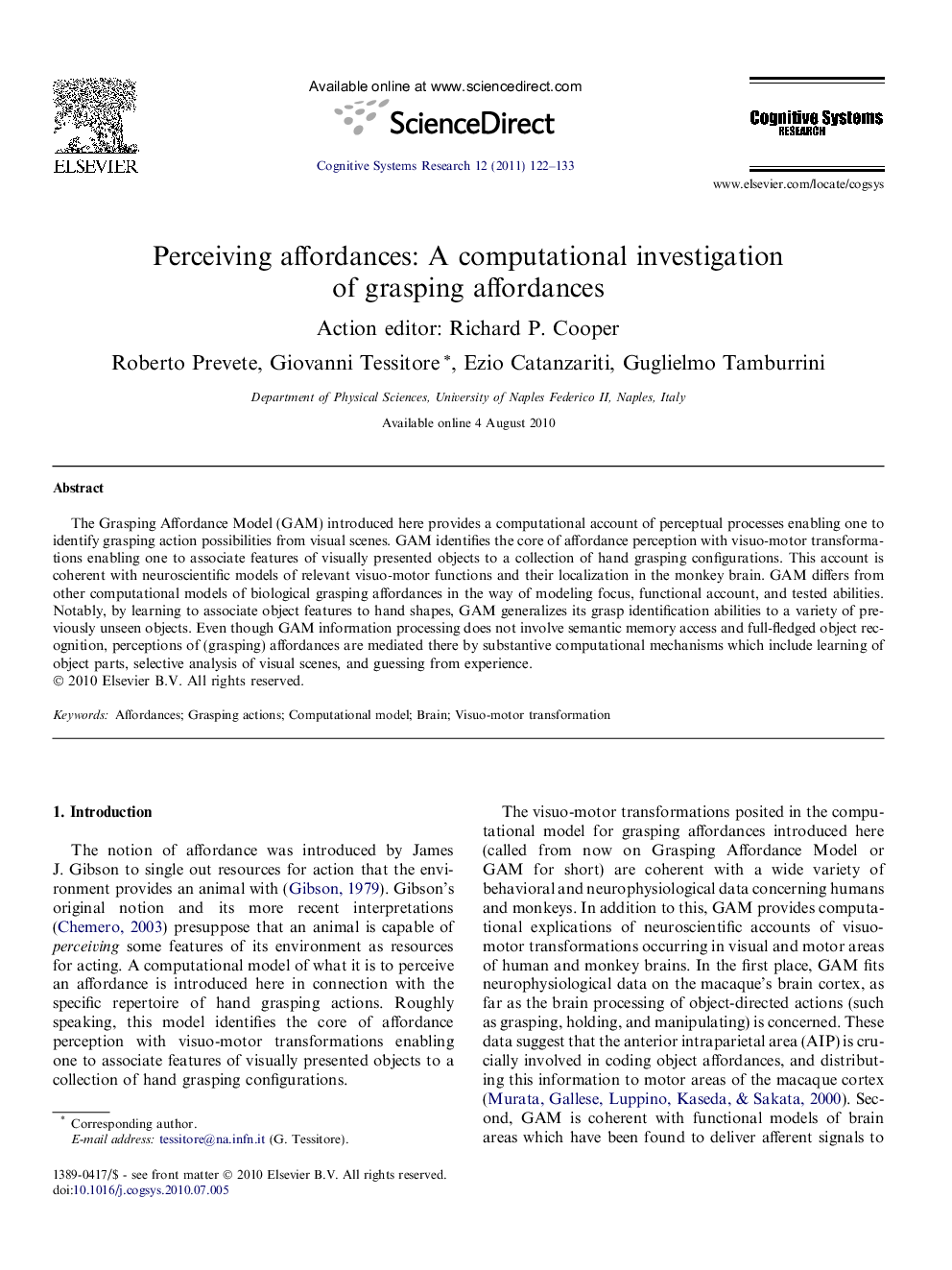 Perceiving affordances: A computational investigation of grasping affordances