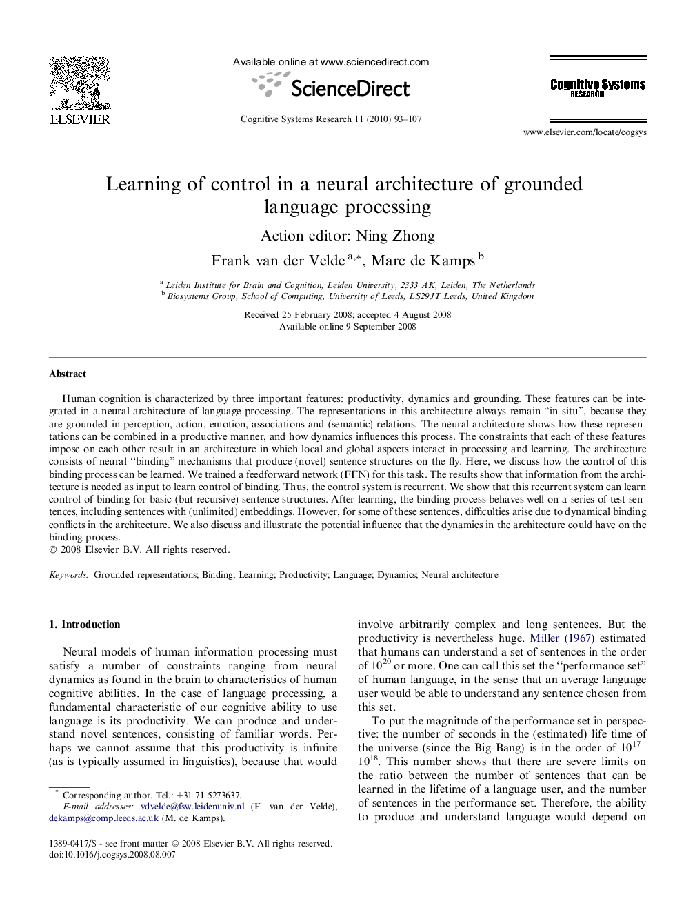 Learning of control in a neural architecture of grounded language processing