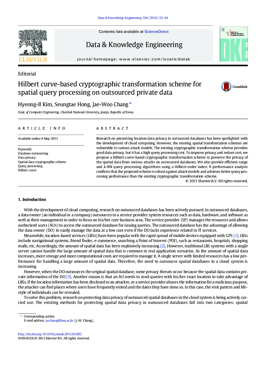 Hilbert curve-based cryptographic transformation scheme for spatial query processing on outsourced private data