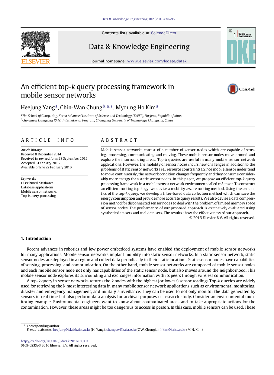 An efficient top-k query processing framework in mobile sensor networks