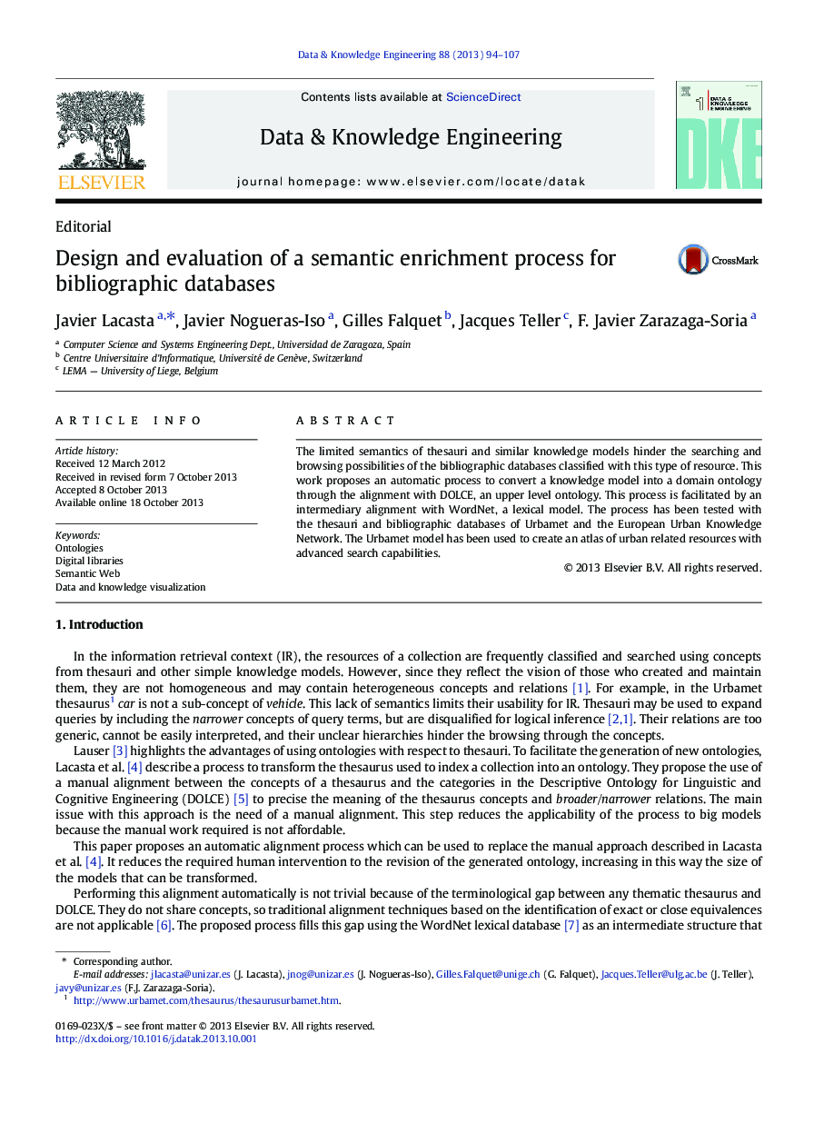 Design and evaluation of a semantic enrichment process for bibliographic databases