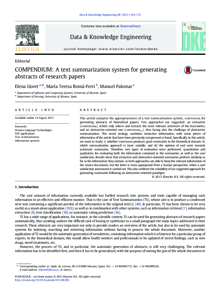 COMPENDIUM: A text summarization system for generating abstracts of research papers