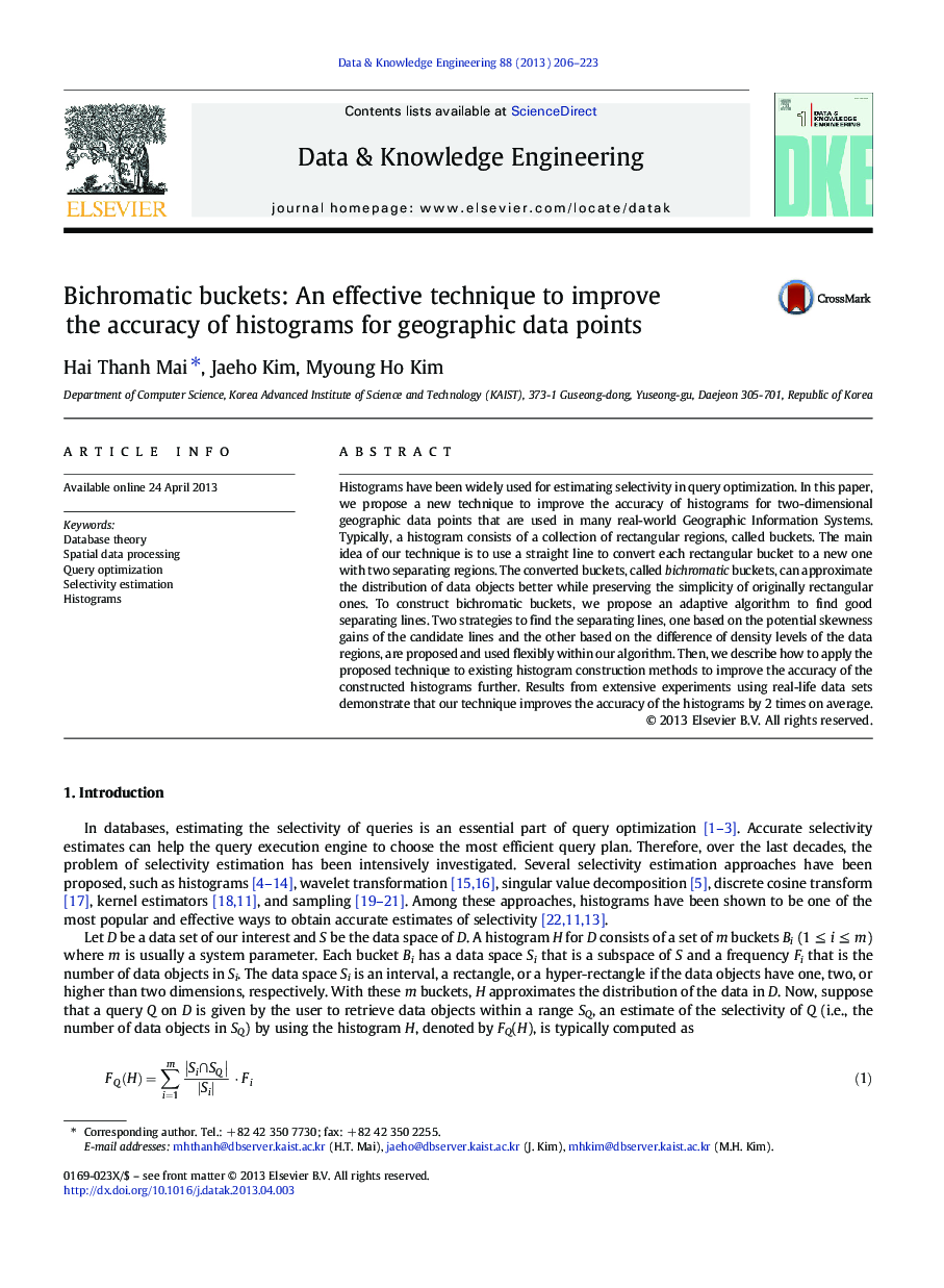 عکس صفحه اول مقاله: Bichromatic buckets: An effective technique to improve the accuracy of histograms for geographic data points Bichromatic buckets: An effective technique to improve the accuracy of histograms for geographic data points