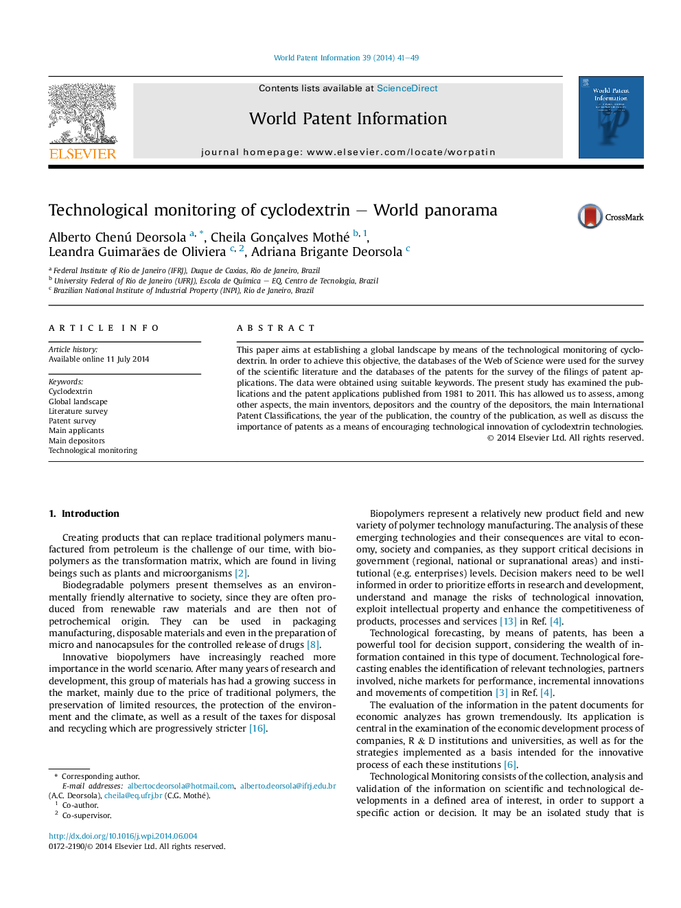 Technological monitoring of cyclodextrin – World panorama