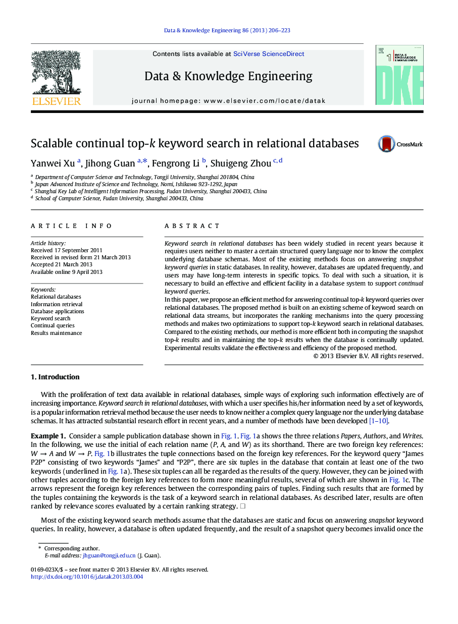 Scalable continual top-k keyword search in relational databases