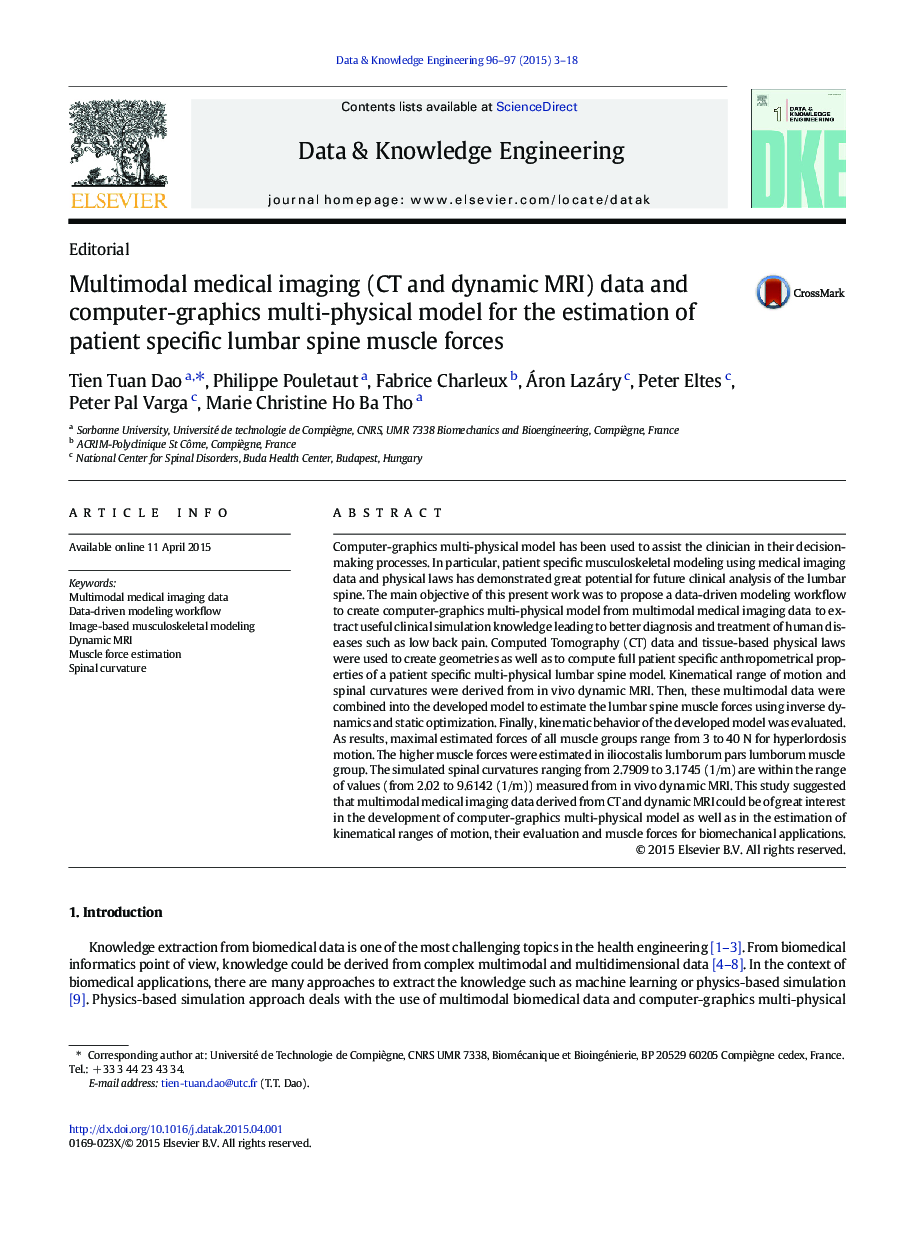 Multimodal medical imaging (CT and dynamic MRI) data and computer-graphics multi-physical model for the estimation of patient specific lumbar spine muscle forces