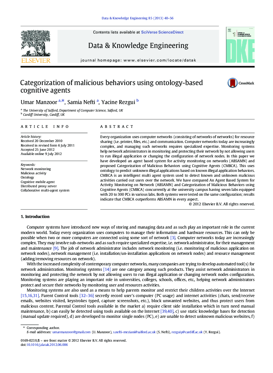 Categorization of malicious behaviors using ontology-based cognitive agents