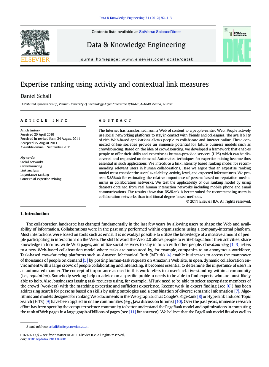 عکس صفحه اول مقاله: Expertise ranking using activity and contextual link measures Expertise ranking using activity and contextual link measures
