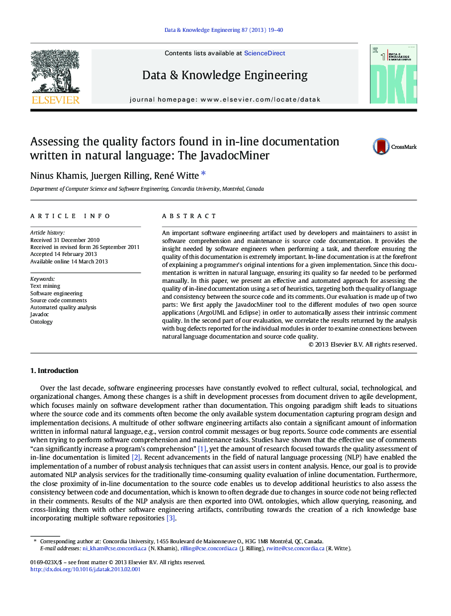 Assessing the quality factors found in in-line documentation written in natural language: The JavadocMiner