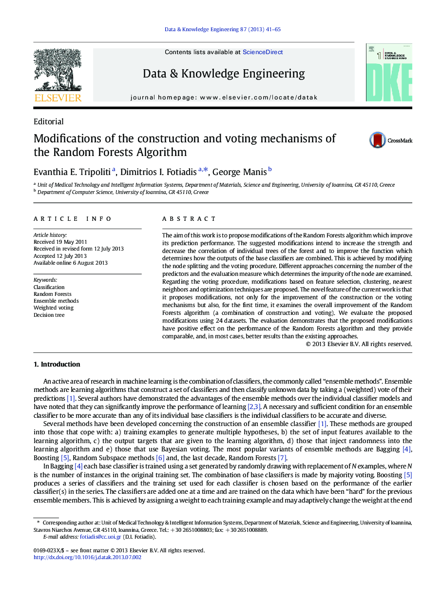Modifications of the construction and voting mechanisms of the Random Forests Algorithm
