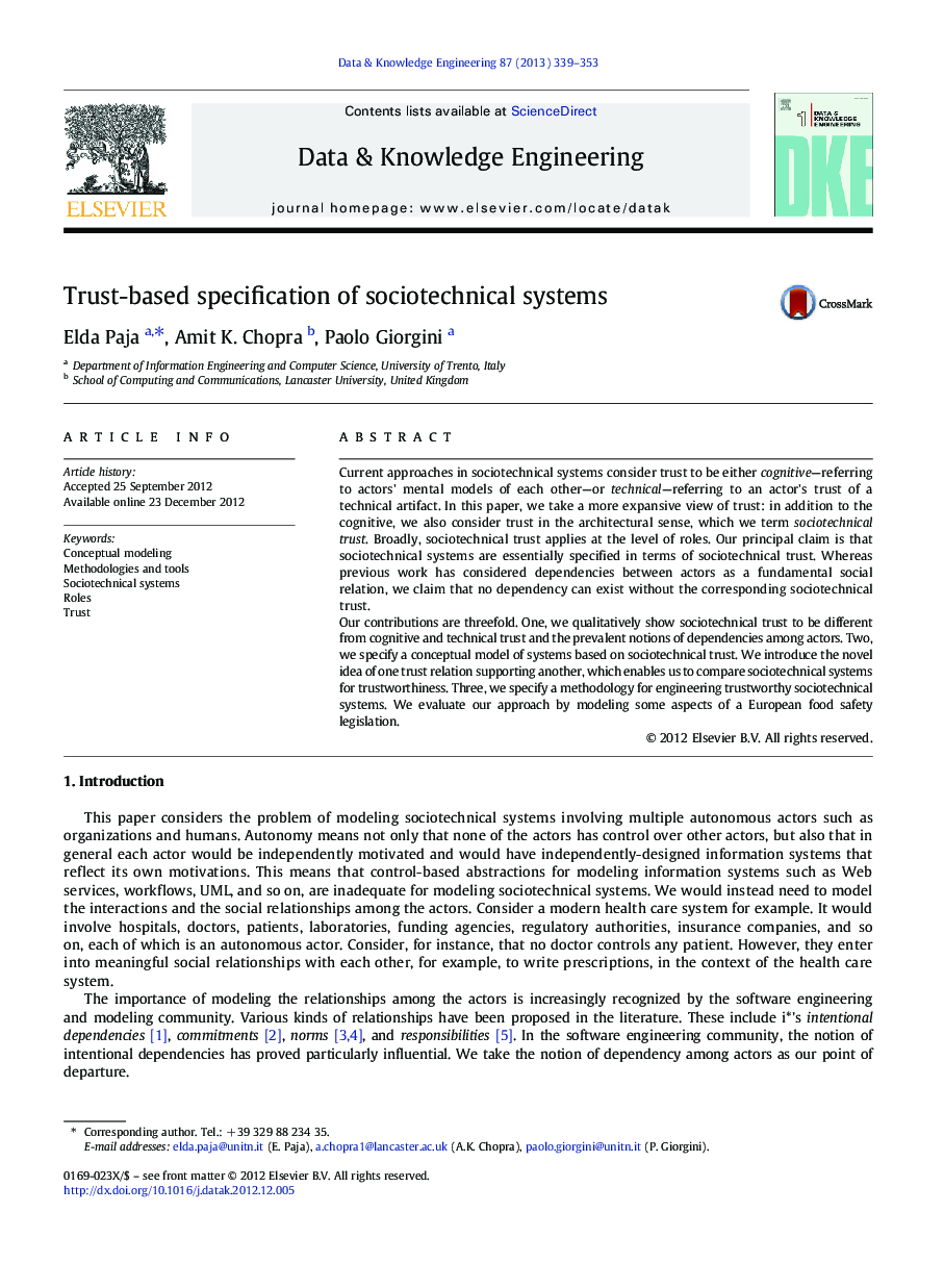 Trust-based specification of sociotechnical systems