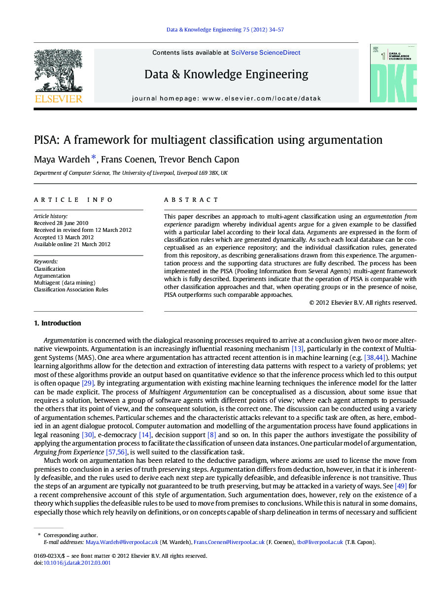 PISA: A framework for multiagent classification using argumentation
