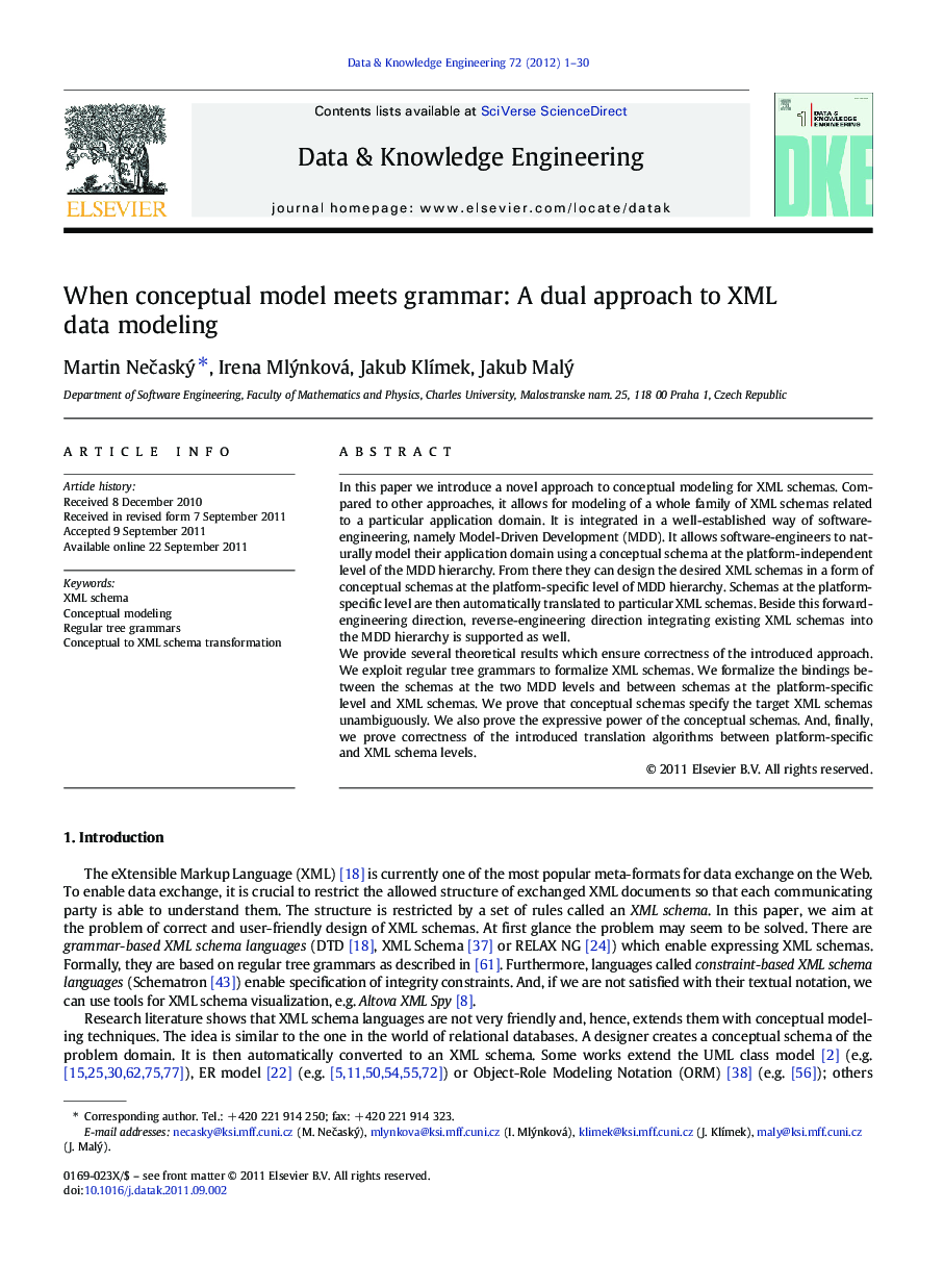 When conceptual model meets grammar: A dual approach to XML data modeling