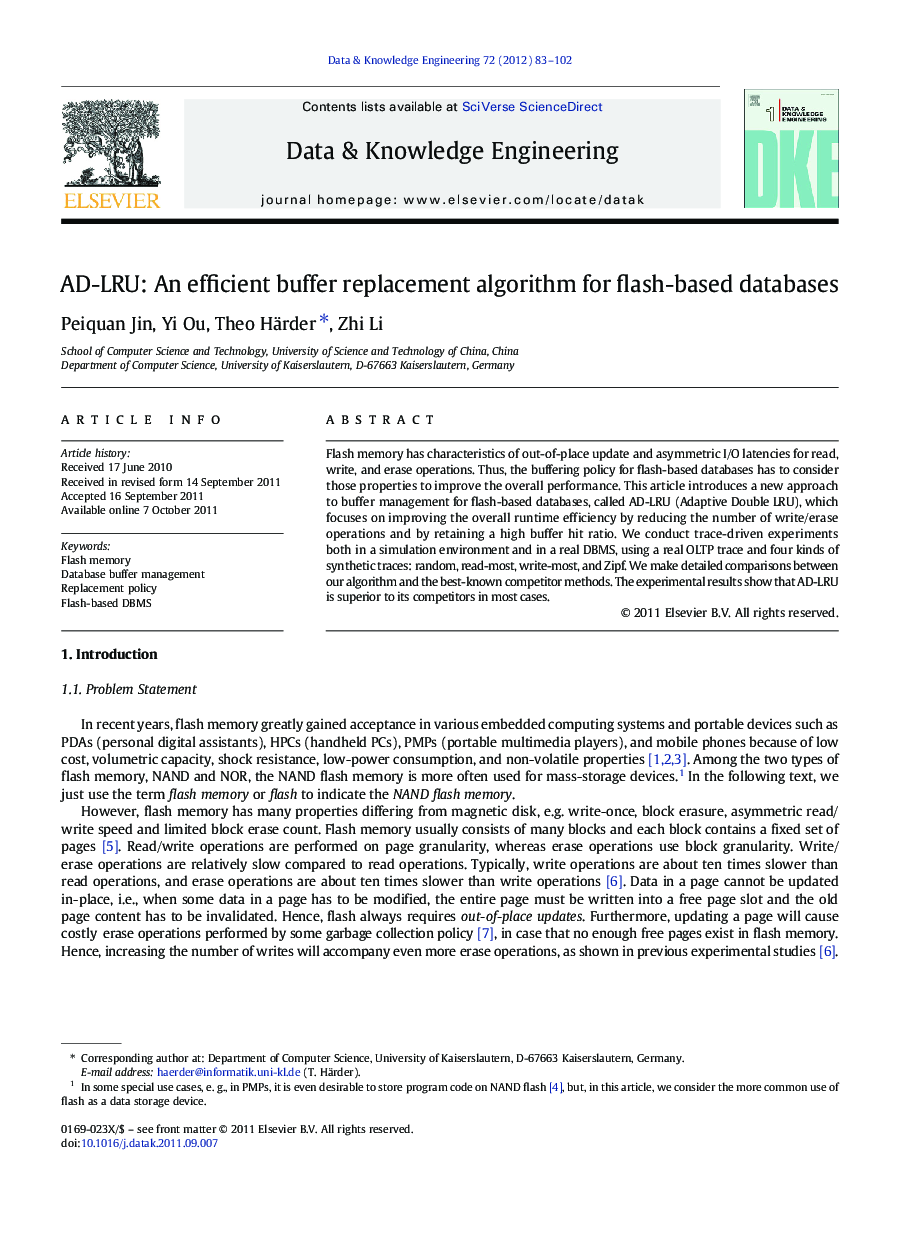 AD-LRU: An efficient buffer replacement algorithm for flash-based databases