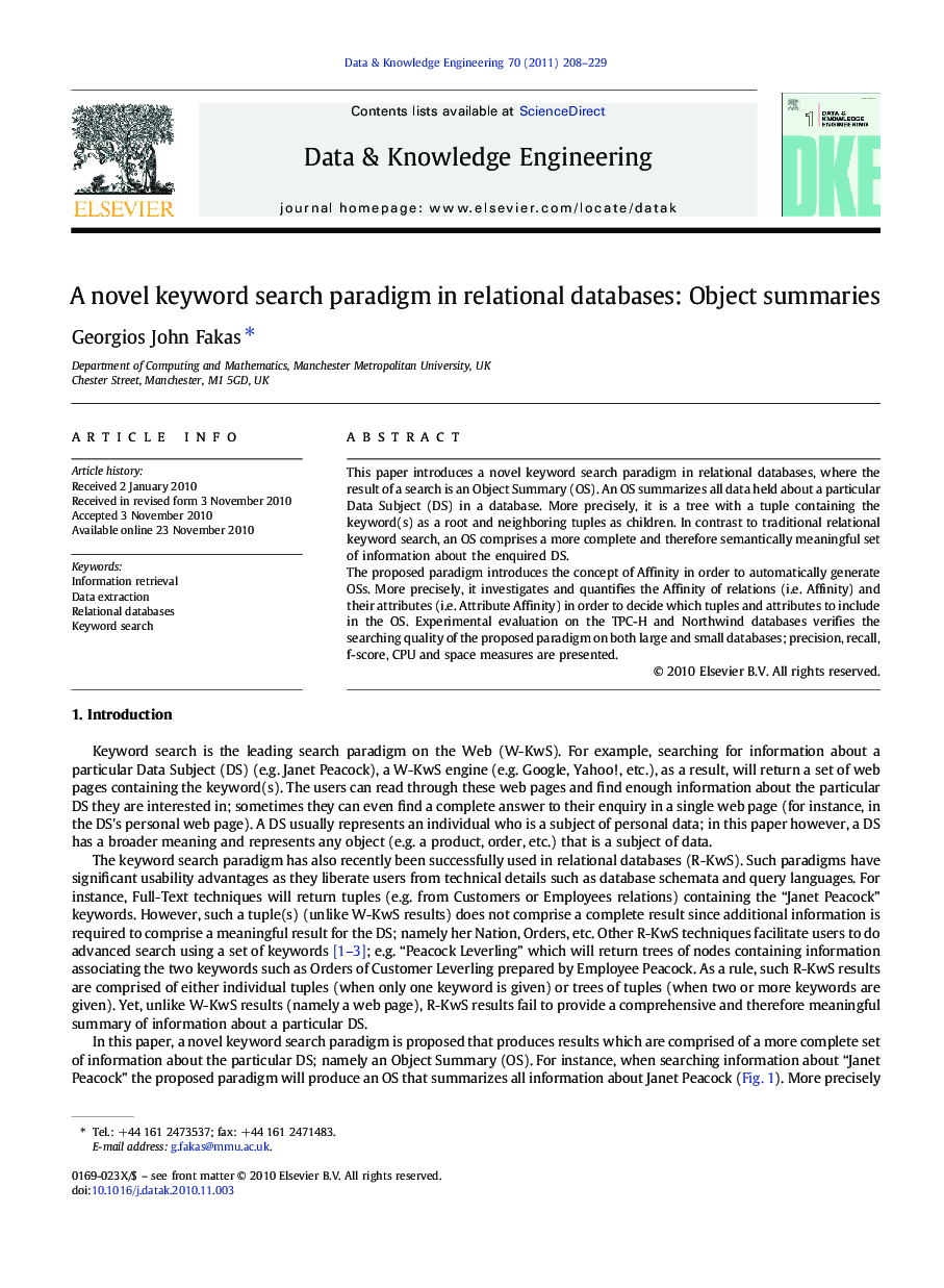 A novel keyword search paradigm in relational databases: Object summaries