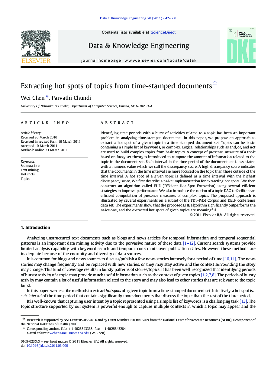 Extracting hot spots of topics from time-stamped documents 