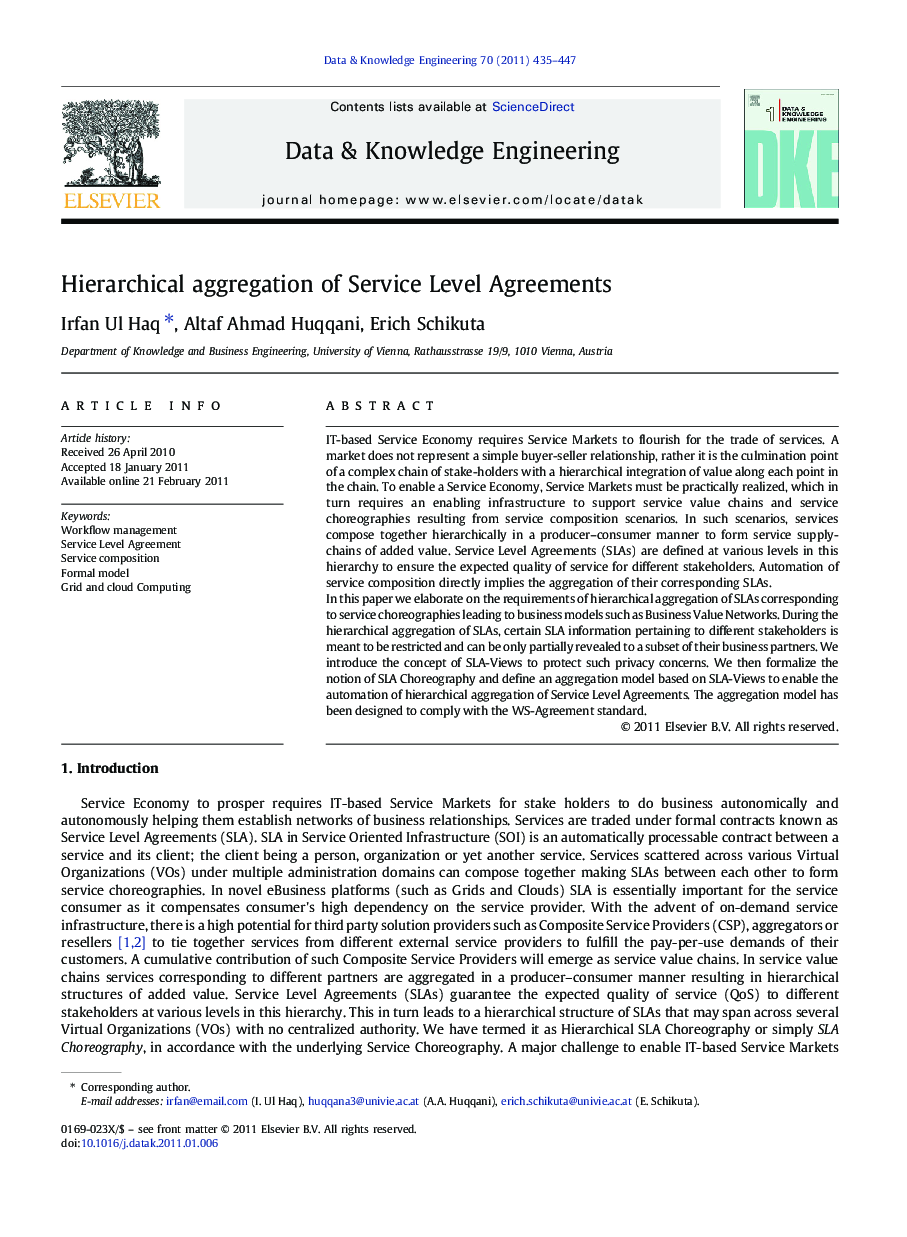 Hierarchical aggregation of Service Level Agreements