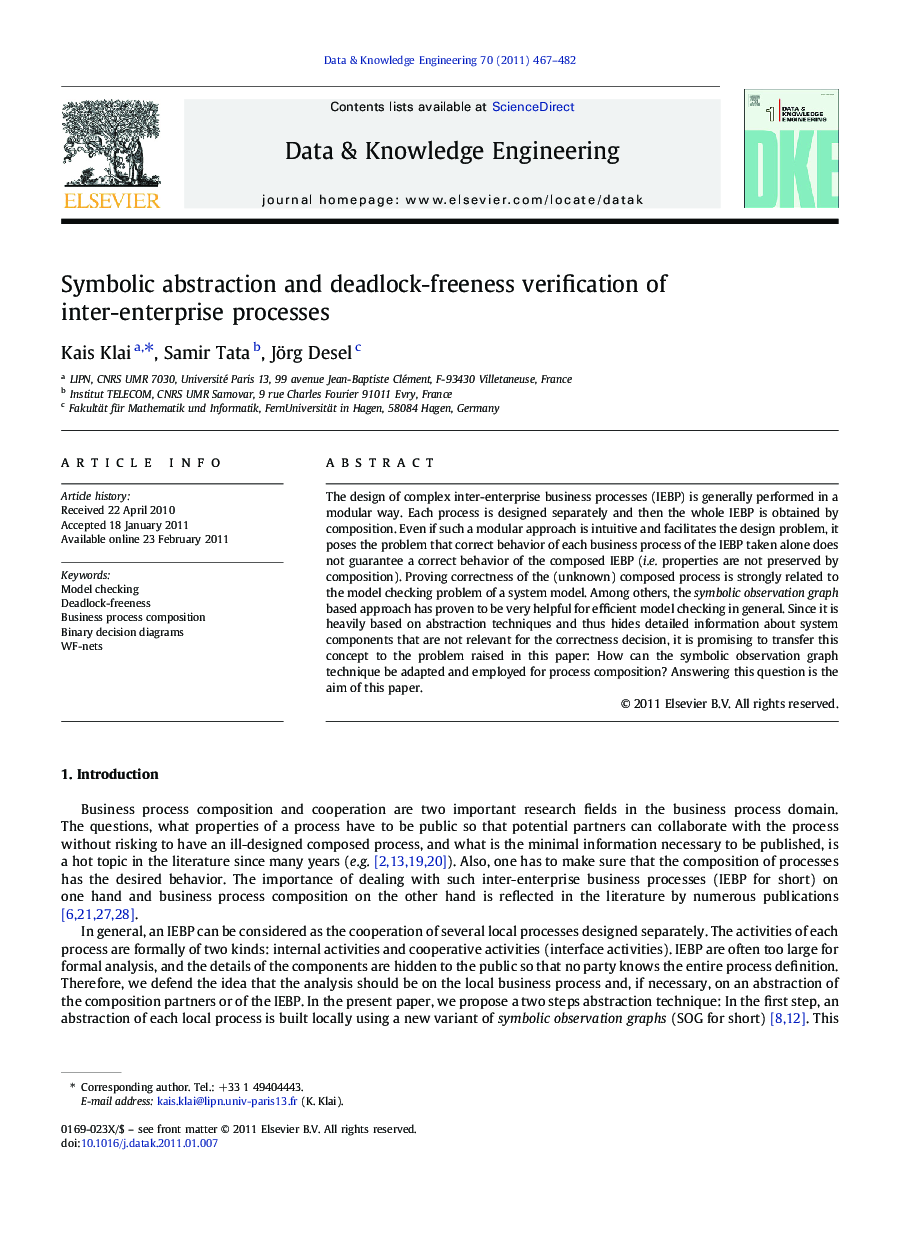 Symbolic abstraction and deadlock-freeness verification of inter-enterprise processes