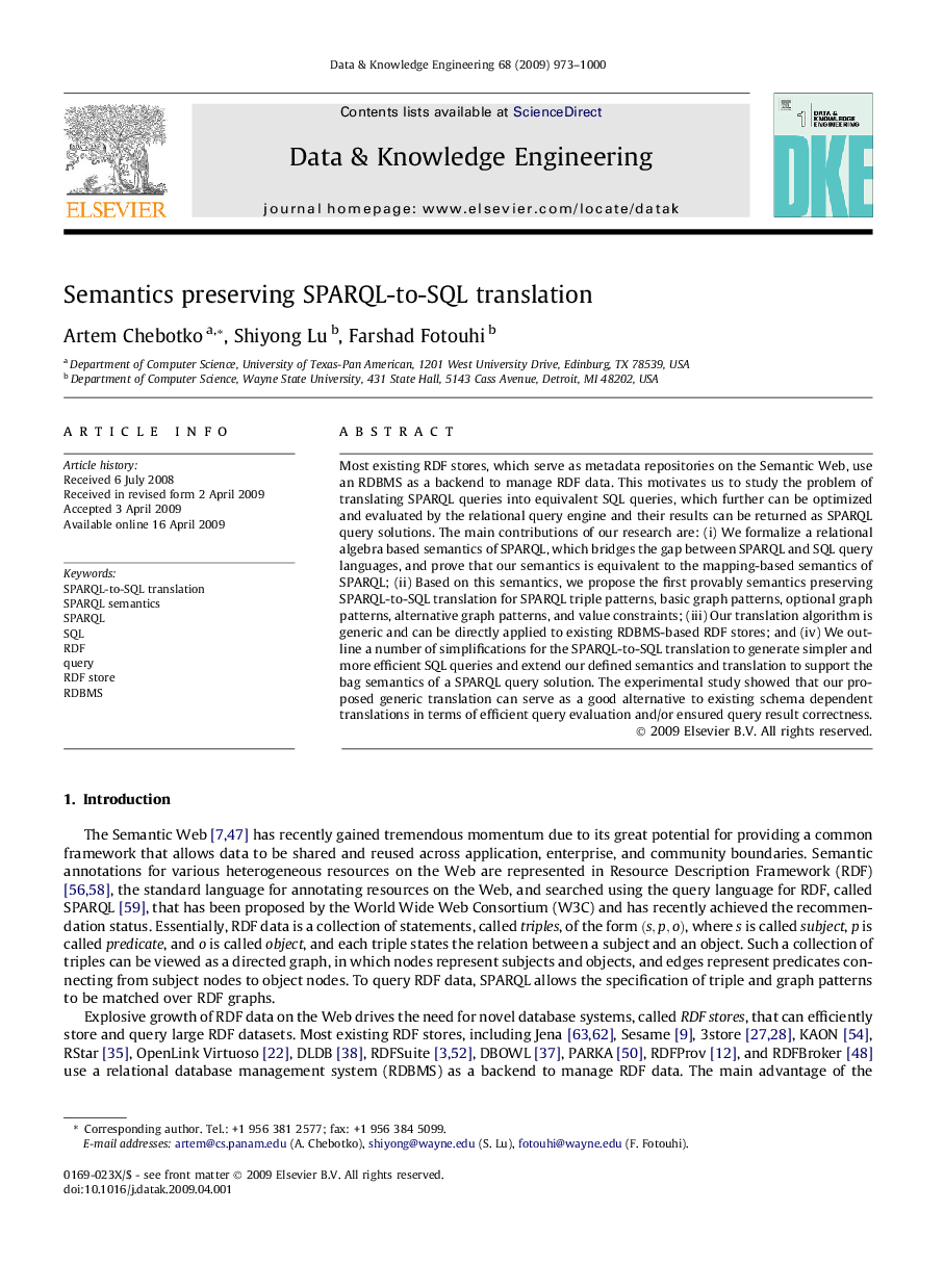 Semantics preserving SPARQL-to-SQL translation