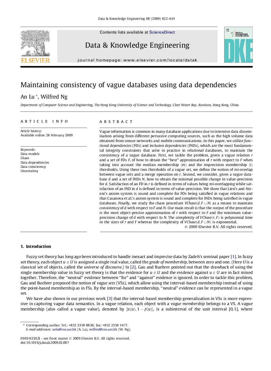 Maintaining consistency of vague databases using data dependencies