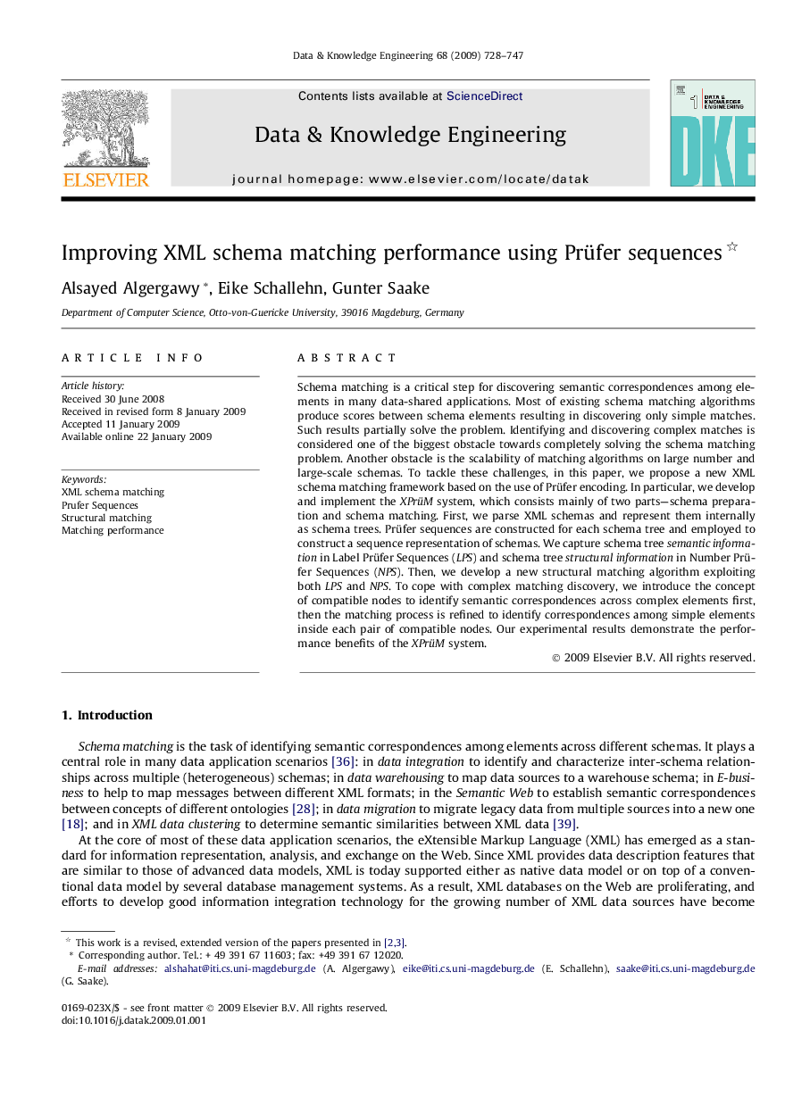 Improving XML schema matching performance using Prüfer sequences 