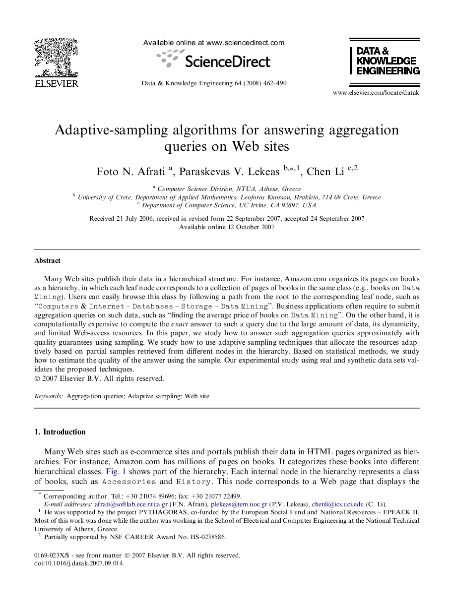 Adaptive-sampling algorithms for answering aggregation queries on Web sites