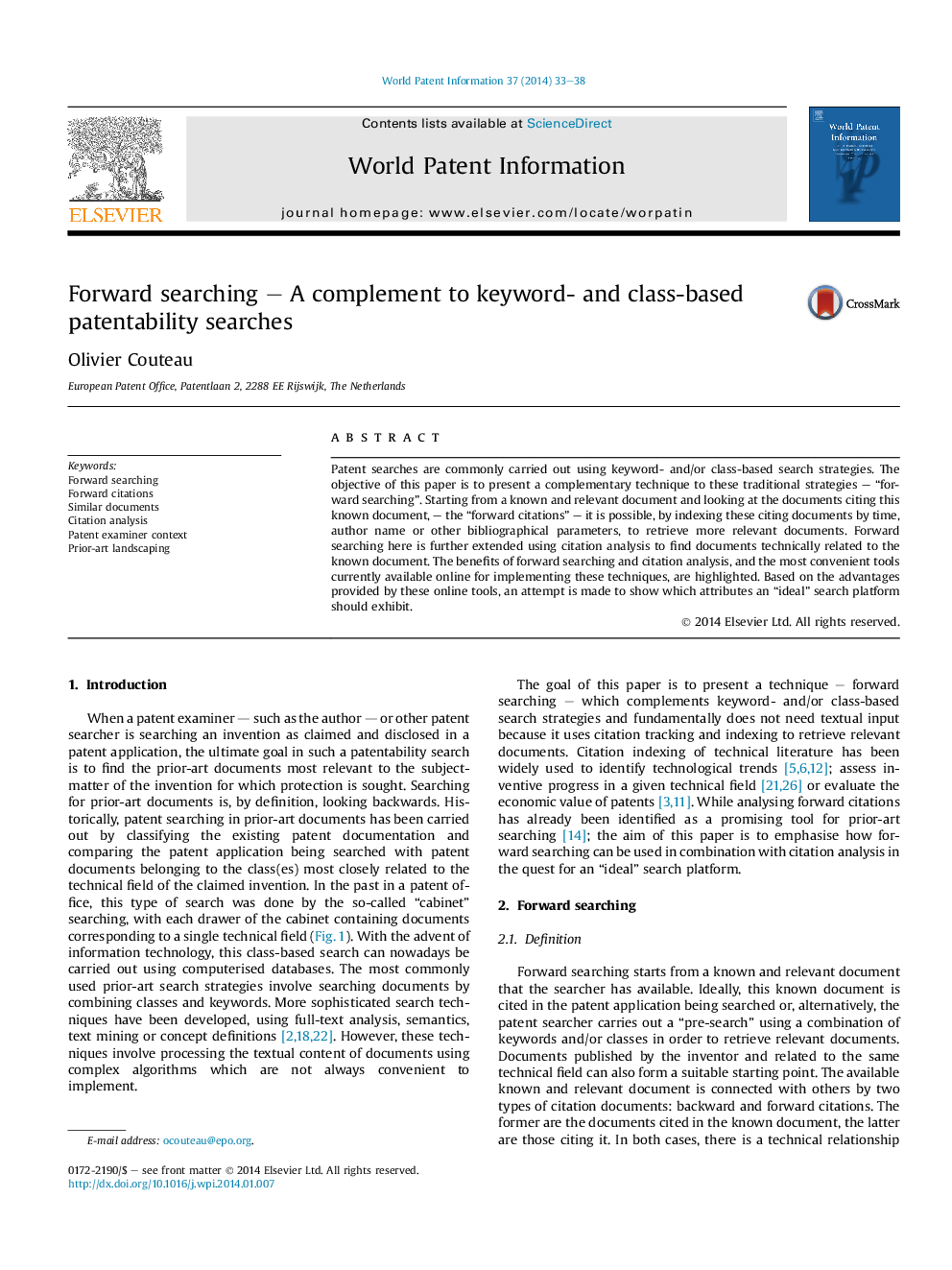 Forward searching – A complement to keyword- and class-based patentability searches