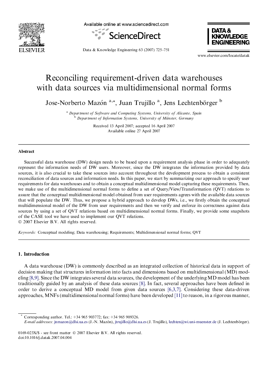 Reconciling requirement-driven data warehouses with data sources via multidimensional normal forms