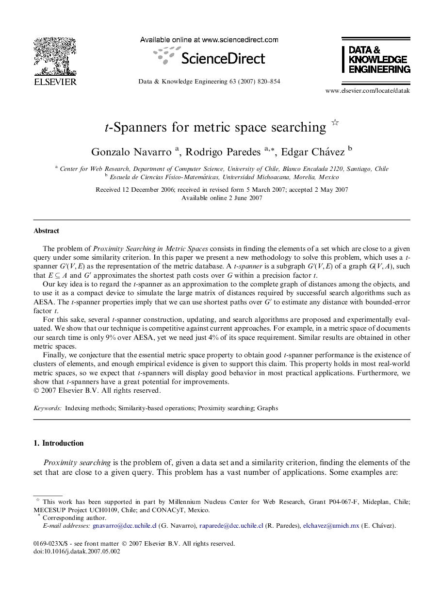 t-Spanners for metric space searching 