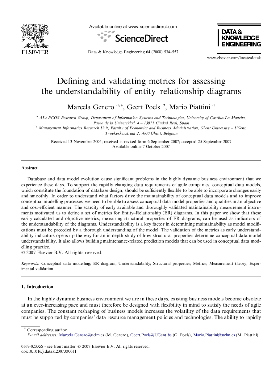 Defining and validating metrics for assessing the understandability of entity–relationship diagrams