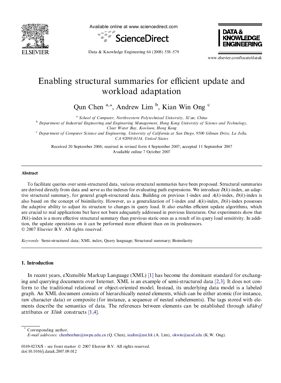 Enabling structural summaries for efficient update and workload adaptation